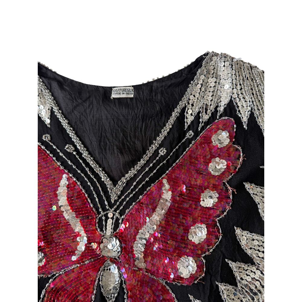 Vintage Sequin Butterfly Silk Crop Top Festival Fairy Y2K Rave One Size - Picture 2 of 5